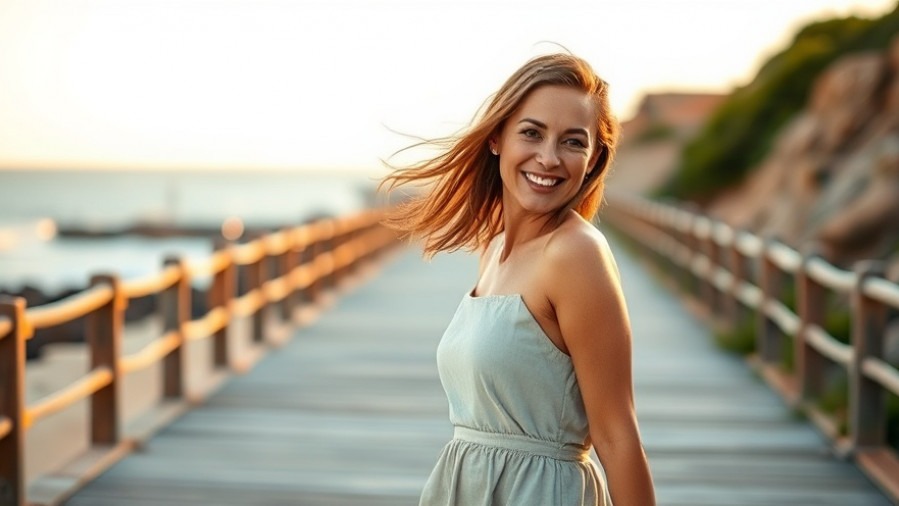 Woman in linen dress radiates confidence, showcasing body skincare solutions.