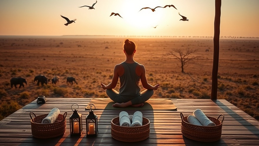 Luxury wellness spa guest practices yoga in serene Okavango Delta landscape.