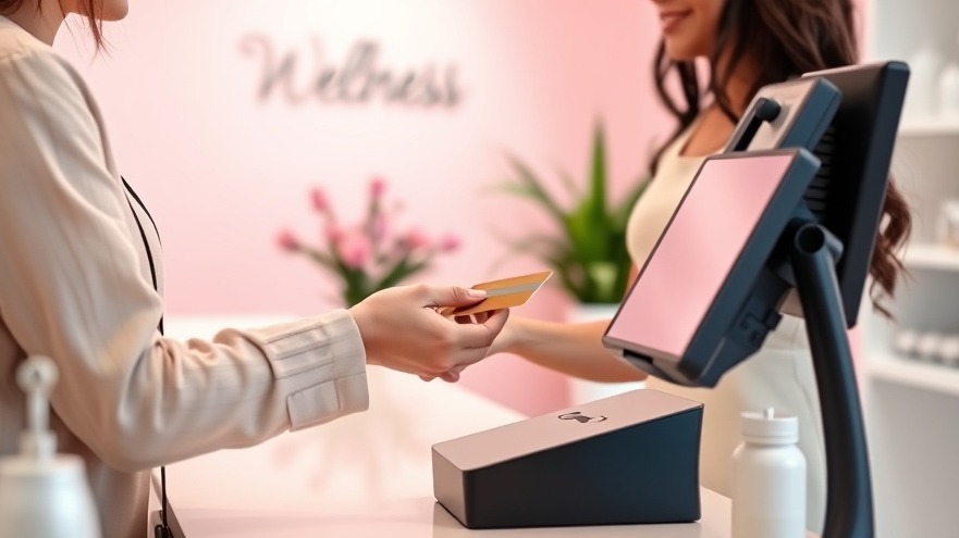 Transaction at a wellness business with modern POS hardware types and payment terminals.