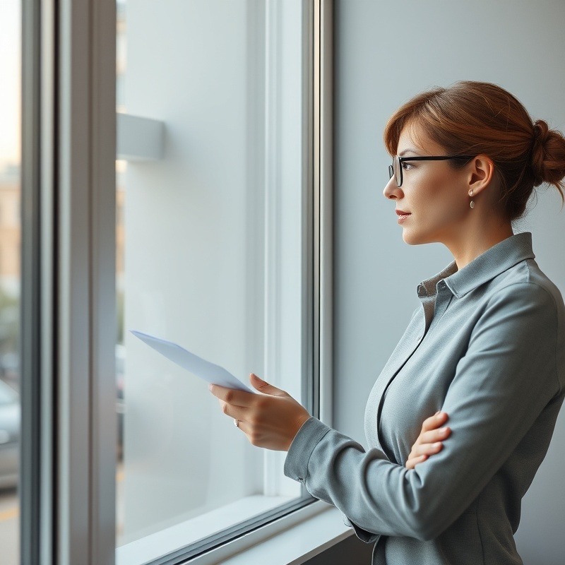 business owner woman complying to rules and regulations looking out window, related to Corporate Transparency Act.