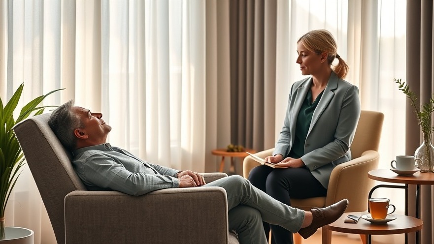 Photorealistic therapy office with natural light, hypnotherapist and client in calm session.