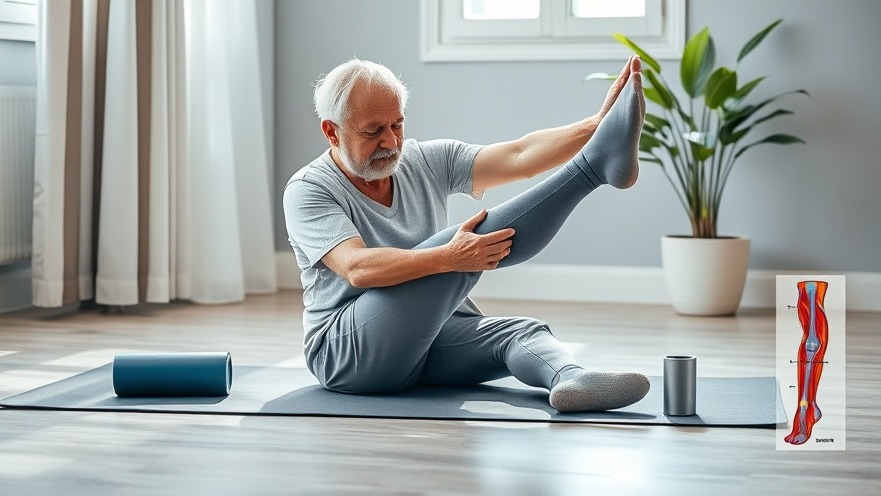 Senior practicing blood flow exercises for leg health in a serene wellness space.