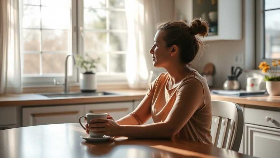 Person reflecting on mental health strategies with coffee at a sunlit kitchen table.