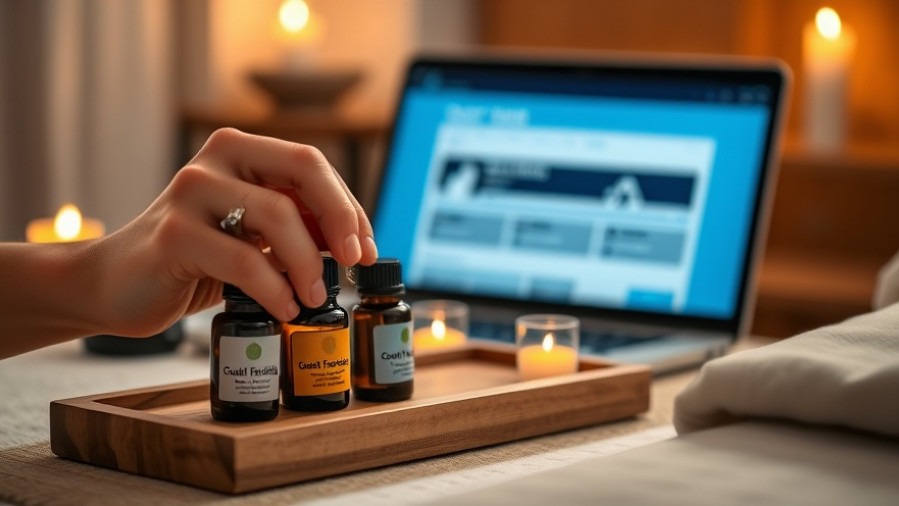 Therapist's hands adjusting essential oil bottles, blending tactile craftsmanship with digital intelligence.