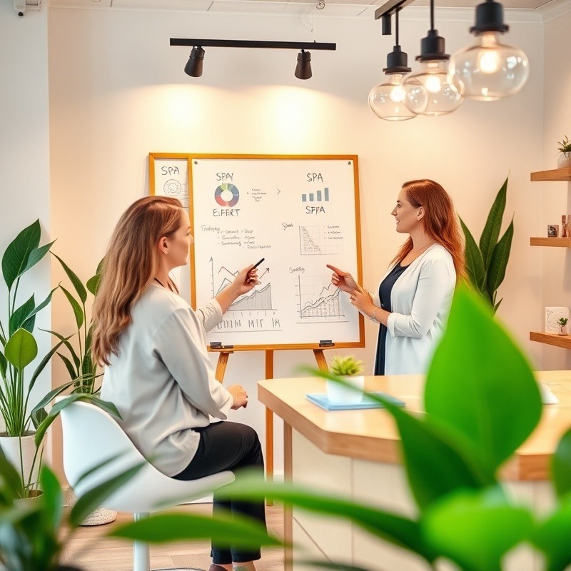 A vibrant and modern day spa scene with a business coach guiding a spa owner, as a business accelerator