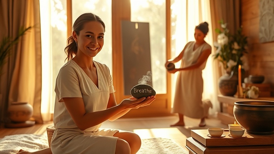 Authentic spa scene with therapist offering 'Breathe' stone in serene relaxation lounge.