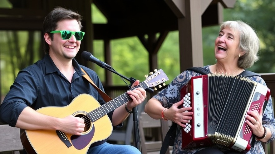 Two musicians joyfully perform folk music outdoors at the Arboretum.