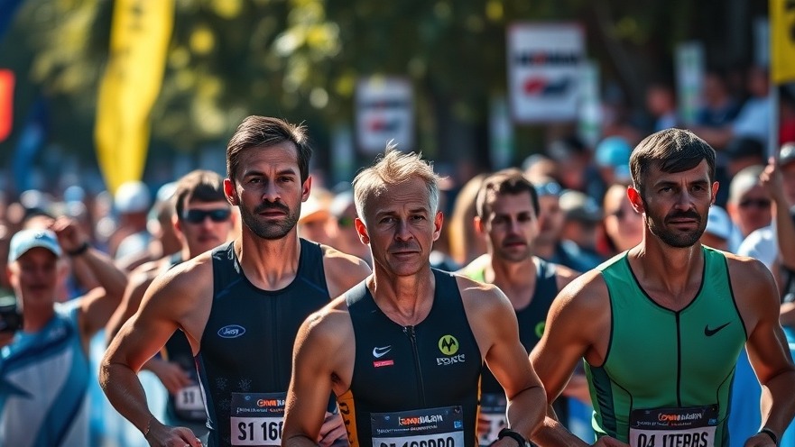 Endurance athletes crossing IRONMAN California finish line, vibrant colors, intense emotions.