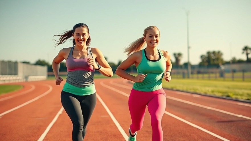 Two athletic women in vibrant activewear running on a track, showcasing enjoyable exercise strategies.
