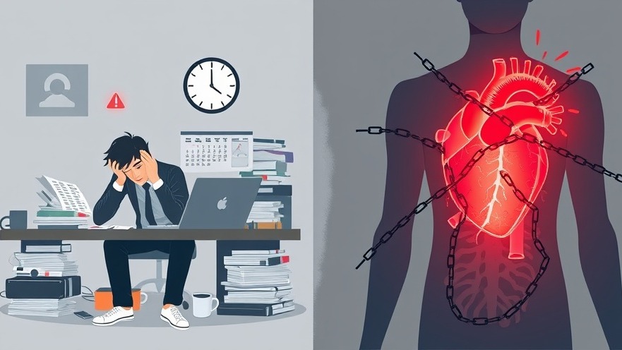 Illustration contrasting burnout effects on heart health risks and stress management.
