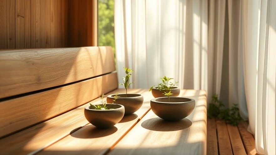 Natural spa details with sunlight, wooden bench, potted herbs, and soft curtains.