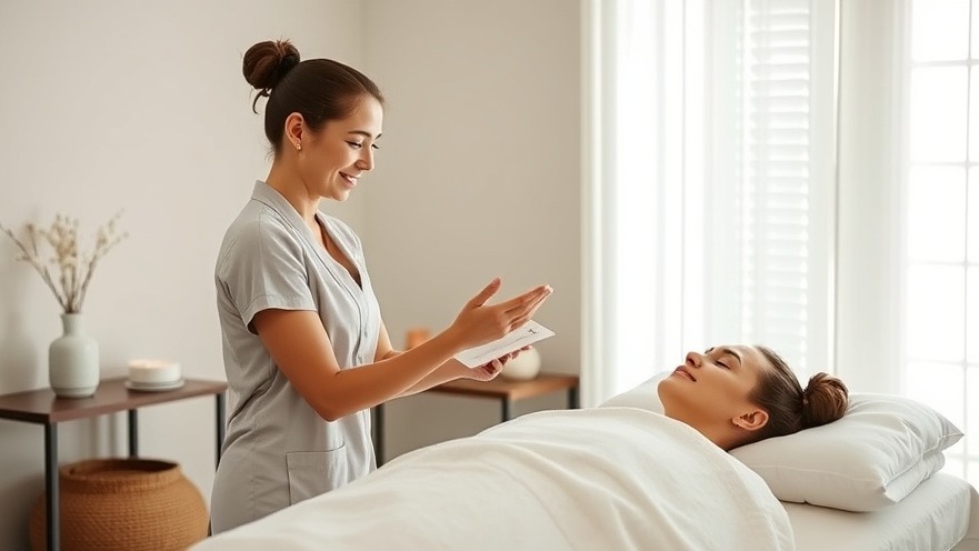 Spa therapist greeting a client in a serene, clutter-free treatment room.