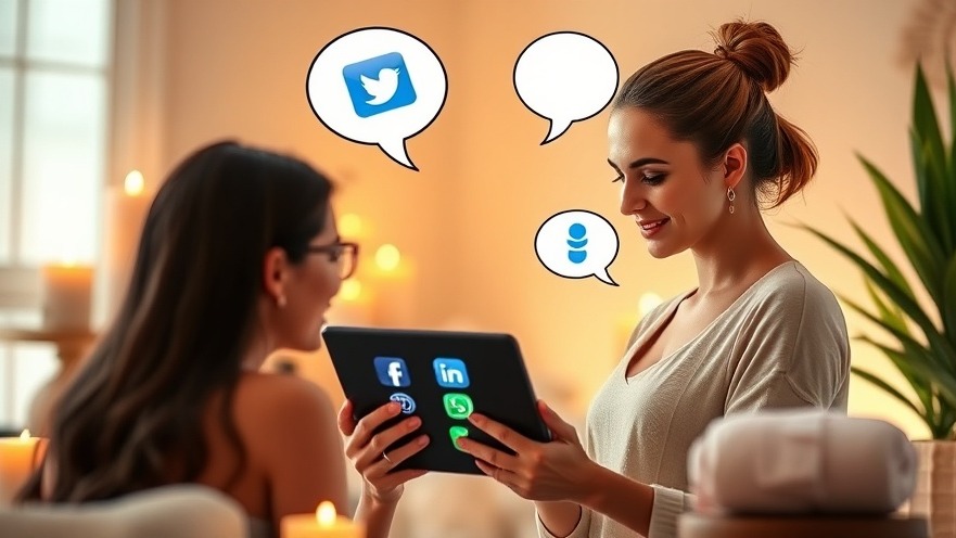 Spa owner using a tablet for customer engagement strategies with social media icons.