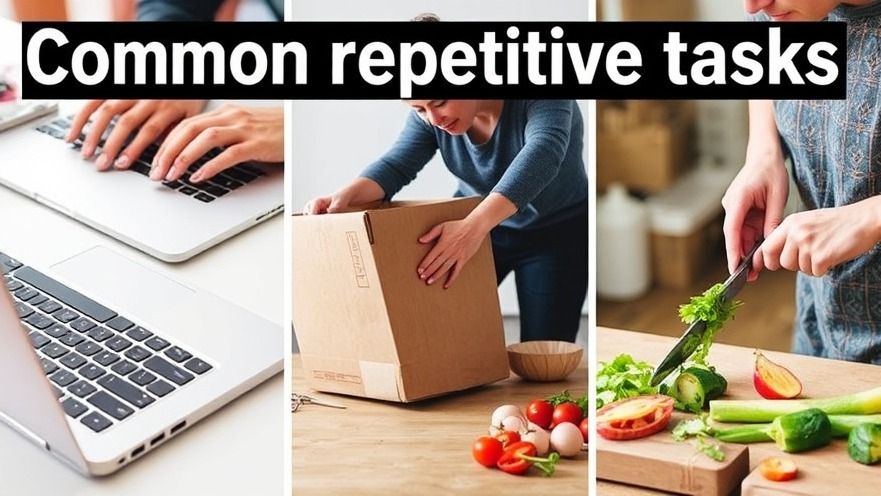 Collage of common repetitive tasks: typing, lifting, and chopping.