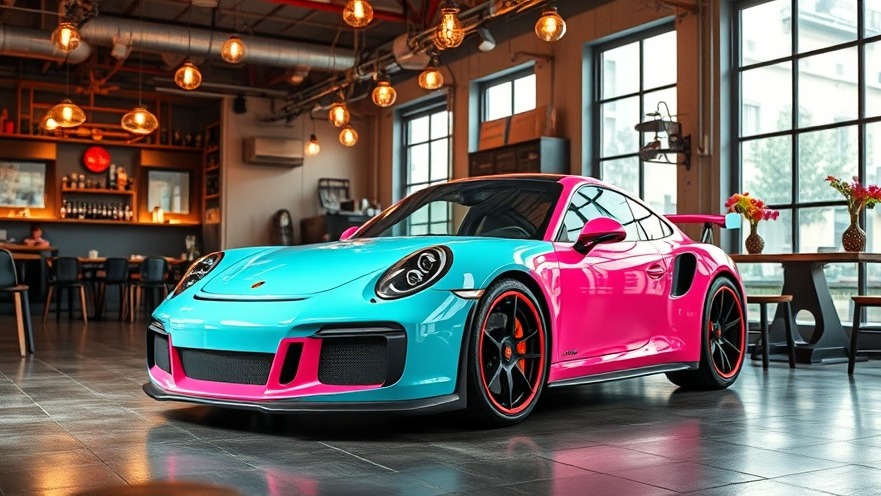 Vibrant porsche sports car in lively community cafe, showcasing sustainable coffee sourcing.