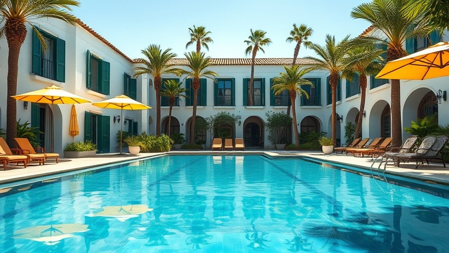 Photorealistic serene resort swimming pool with Mediterranean architecture and lush garden.