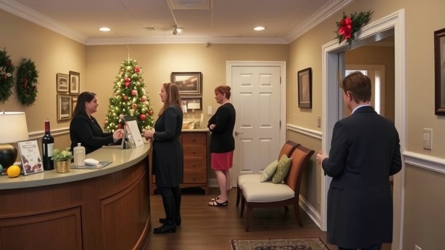 Cozy spa reception decorated for holidays with guests buying gift cards.