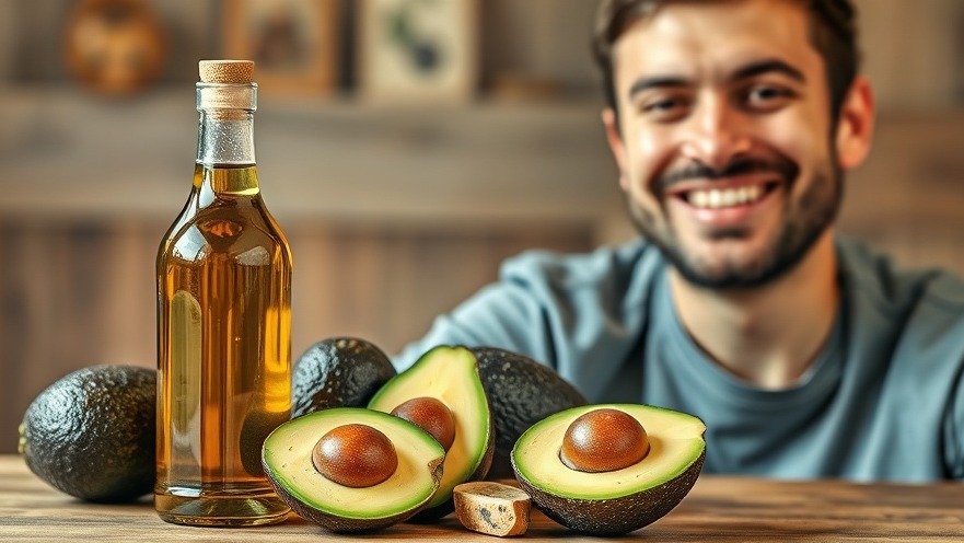 Avocado oil benefits showcased with sliced avocado and a smiling man, highlighting healthy fats.