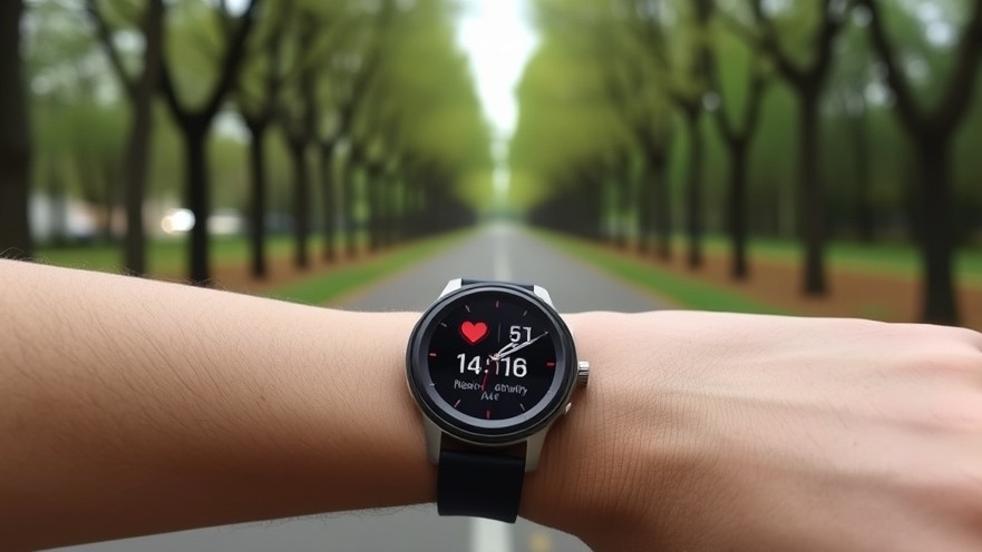 Smartwatch showing heart rate on a fitness motivation walk in a tree-lined trail.