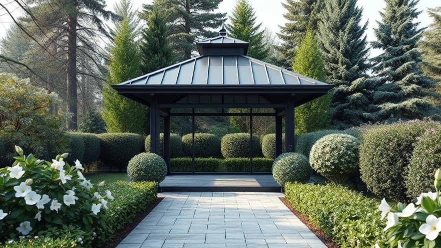 Photorealistic serene garden pavilion with dark metal roof and blooming flowers.