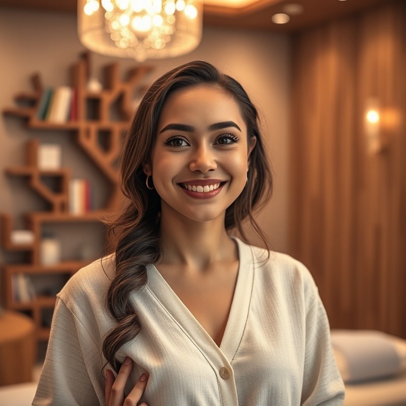 young woman sticking to her core values, smiling confidently, standing in spa room,