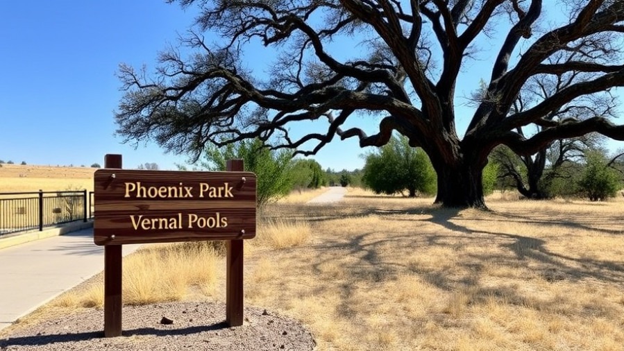 Wooden sign at Phoenix Park Vernal Pools beside a paved path and oak tree.