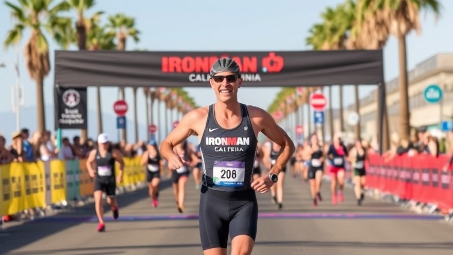 Beginner-friendly Ironman California finish line at Sacramento full-distance triathlon.