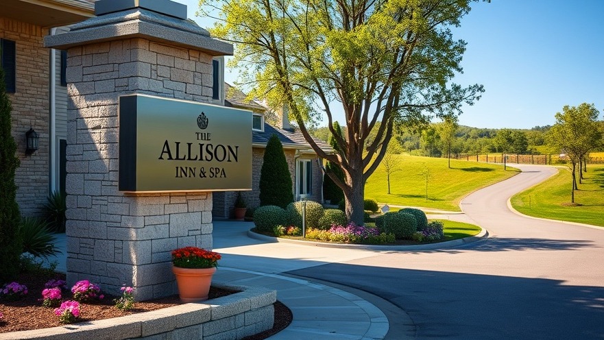 Photorealistic luxury inn entrance at The Allison Inn & Spa with blooming gardens and a stone pillar.