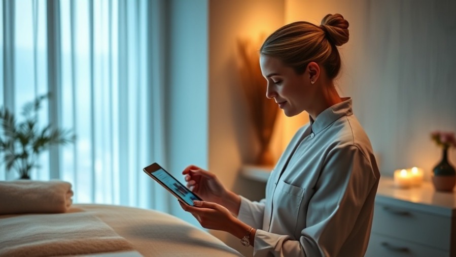A spa therapist using a tablet to enhance client experience with AI solutions for small businesses.
