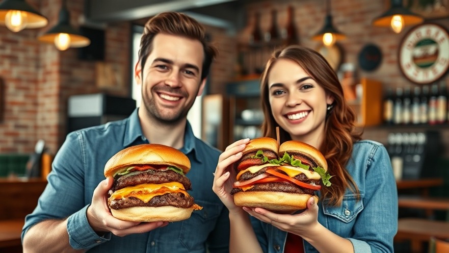 Smiling couple enjoying fresh burgers at a dog-friendly family-run restaurant.
