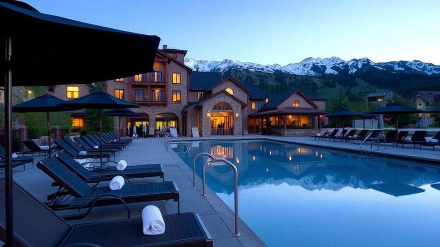 Luxury mountain resort pool at dusk with snow-capped San Juan Mountains.