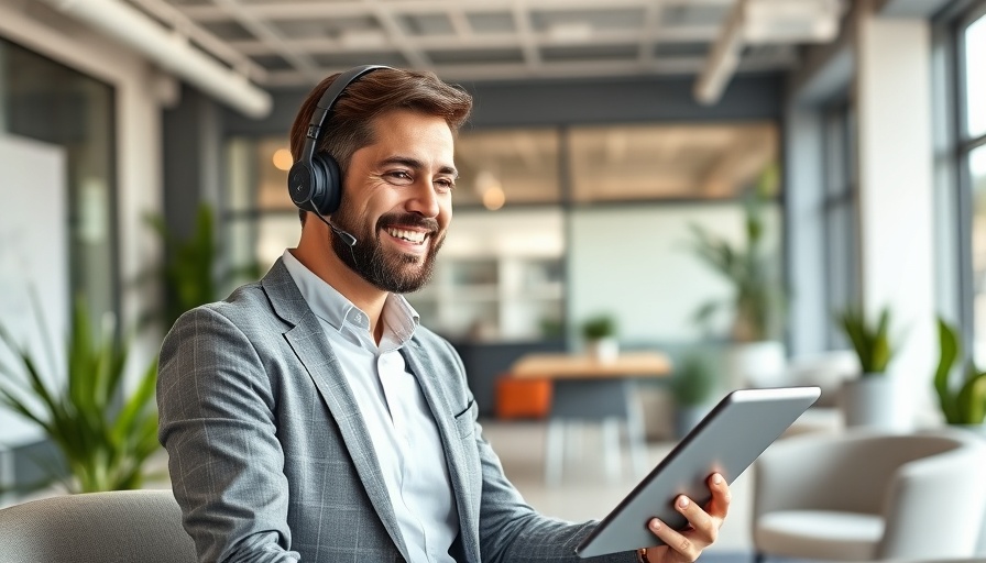Professional boosting team morale in a virtual meeting with a smile.