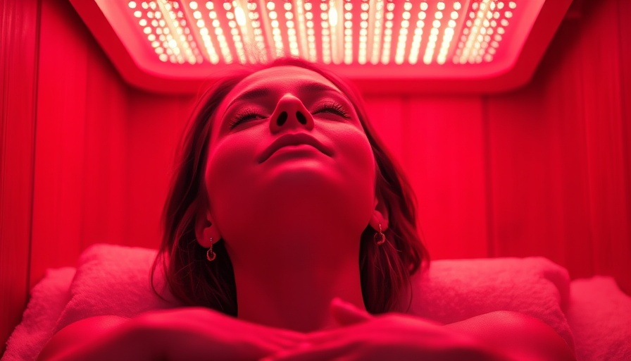 Serene woman in red light therapy room illustrating red light therapy market trends.