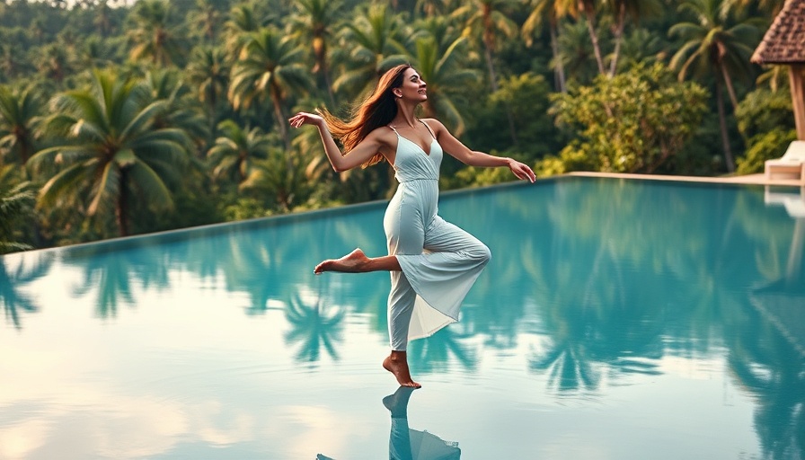 Luxury Travelers Wellness: woman balancing at a tropical poolside.