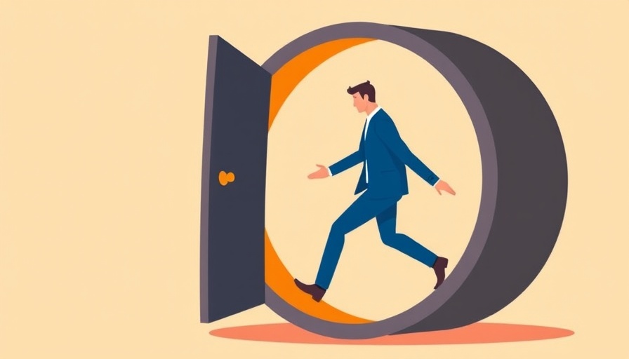Business offboarding illustrated as man exits hamster wheel through a door.
