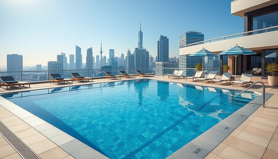 Rooftop pool offering spa industry insights with city skyline.