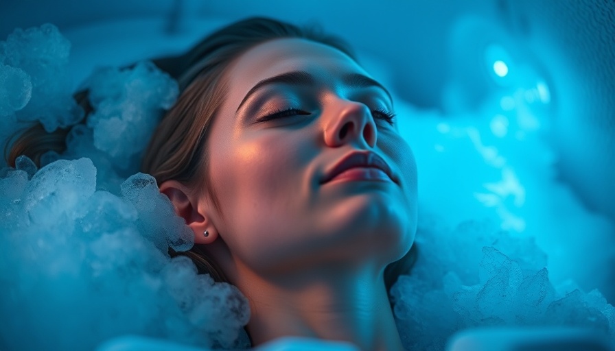 Woman experiencing cryotherapy in blue-lit chamber, wellness trends.