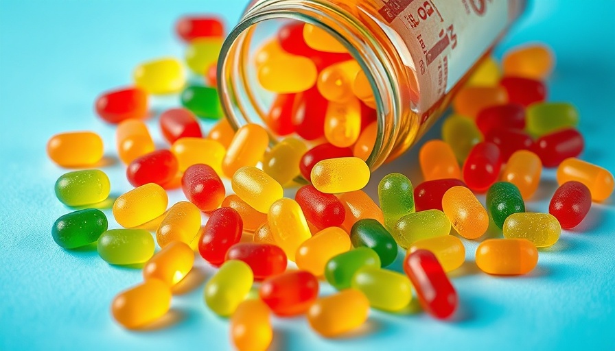 Colorful gummy vitamins, TikTok wellness trends, on blue backdrop
