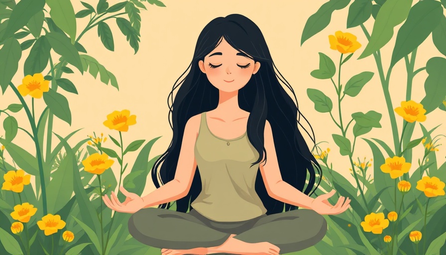 AI in wellness: Woman meditating amid abstract foliage