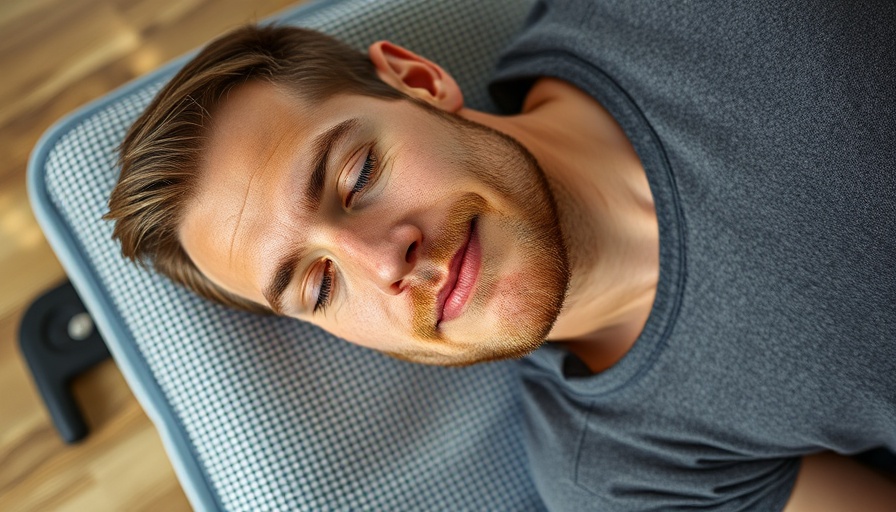 Man relaxing on PEMF therapy mat, wooden floor, natural light