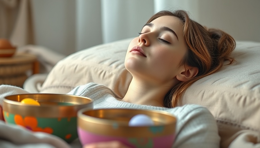 Crystal singing bowls around relaxed woman in peaceful setting.