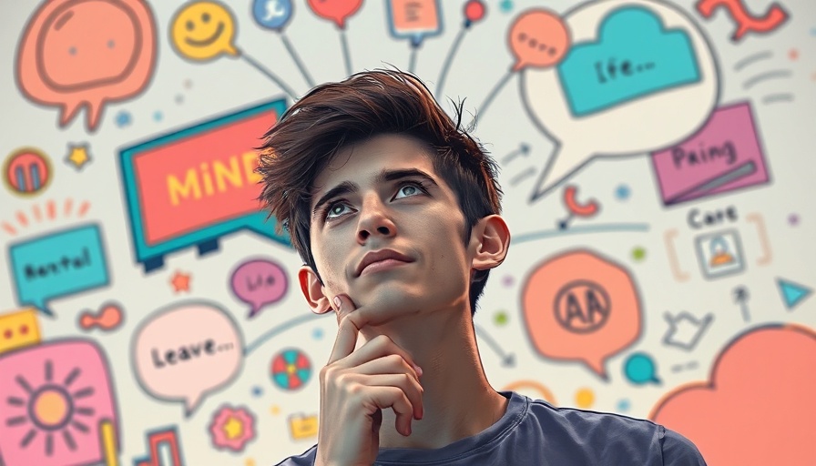 Thoughtful young man contemplating mind mapping with speech bubbles.