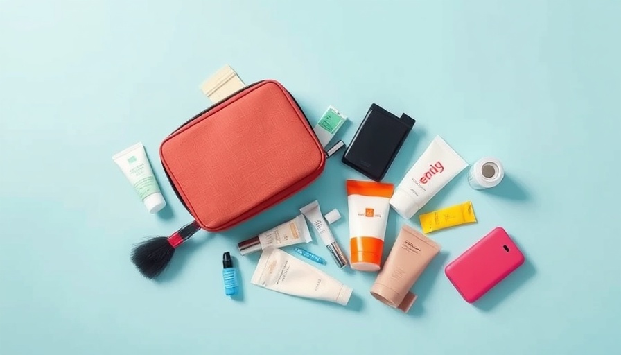 Amenity kit items arranged on a blue surface
