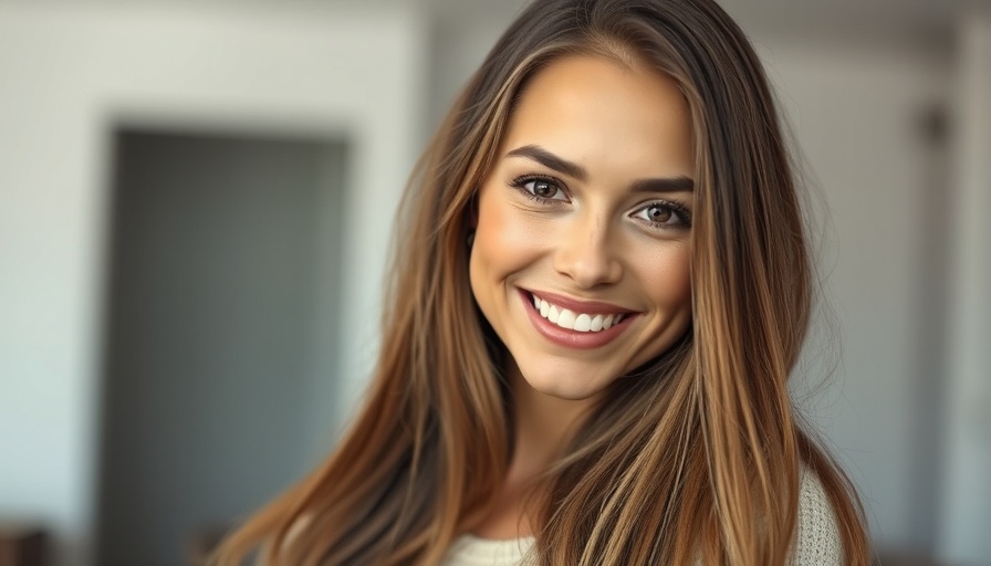 Professional woman smiling, promoting business efficiency.