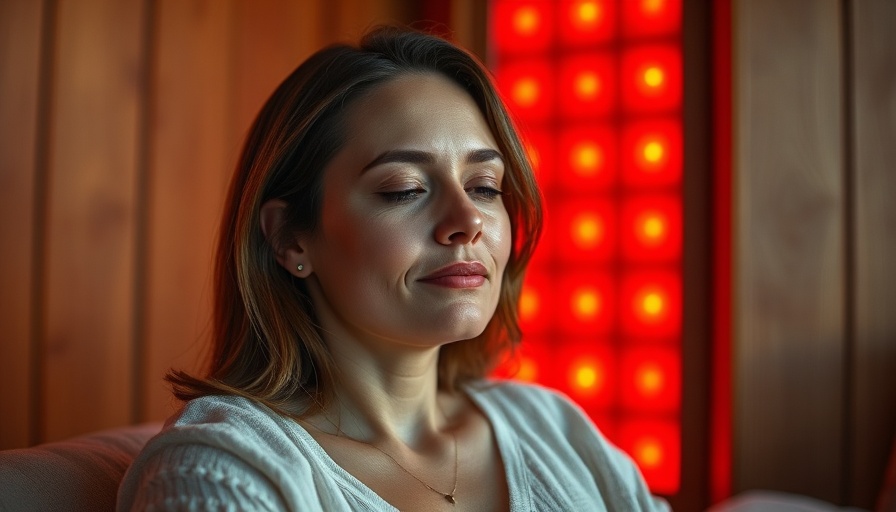 Relaxed woman experiencing red light therapy in a serene setting.
