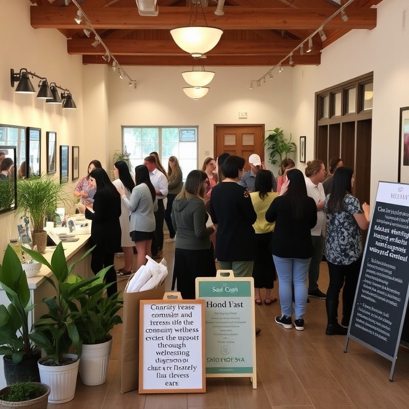 A warm and inviting day spa hosting a community wellness event, with spa staff offering complimentary mini-treatments like hand massages and skincare consultations.