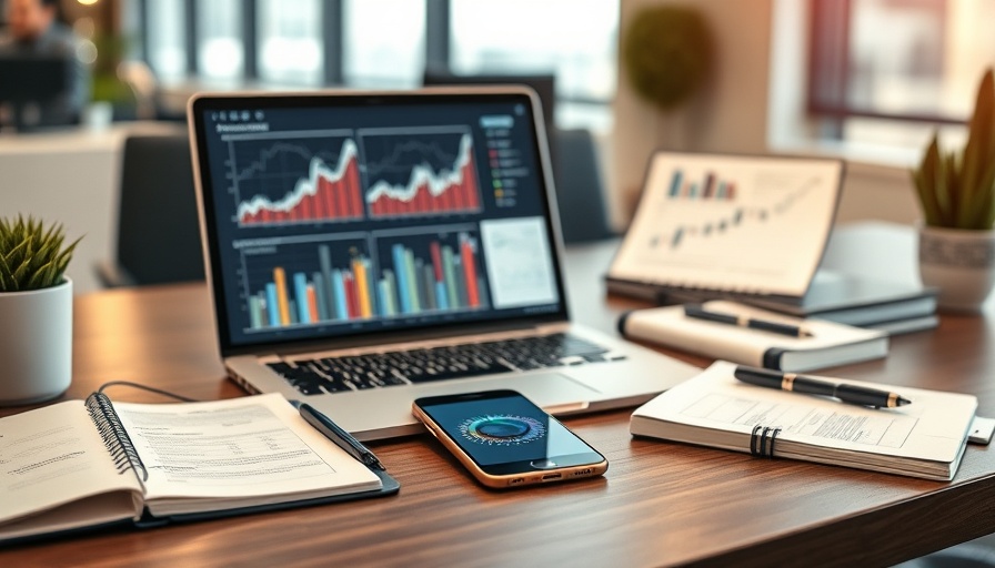 Workspace setup for marketing budget planning with devices and charts.