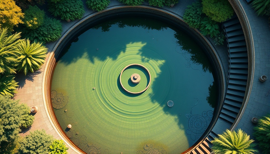 Euphoria Retreat aerial view with circular water feature and greenery.