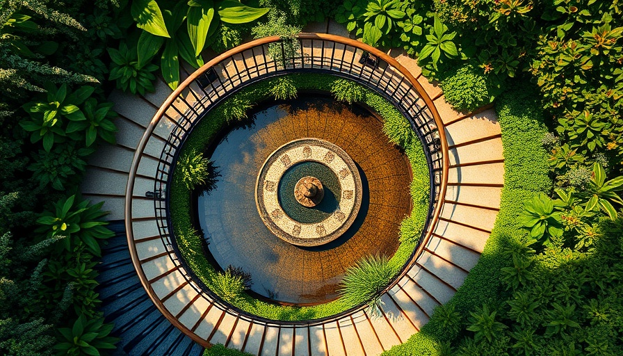 Euphoria Retreat spiral staircase and circular water feature surrounded by greenery.