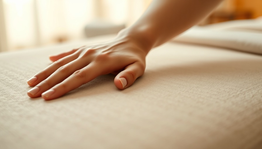 Beige spa table with hand, spa equipment.
